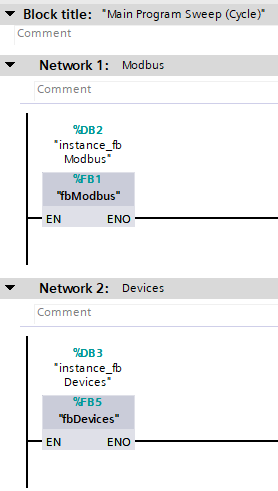 Image of two networks of Ladder Logic programming within the TIA Portal software environment