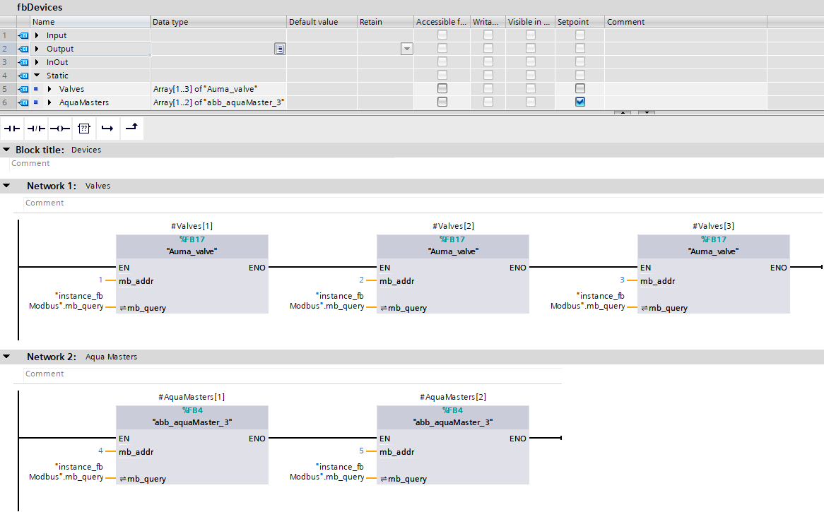 Screenshot showing the configuration of a Function Block (FB) in Siemens TIA Portal, specifically focusing on an array of device instances being called in a ladder logic program.