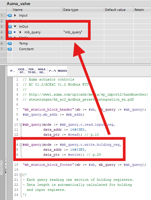 Selected code snippet shows a Modbus write instruction being executed within a Siemens TIA Portal environment.