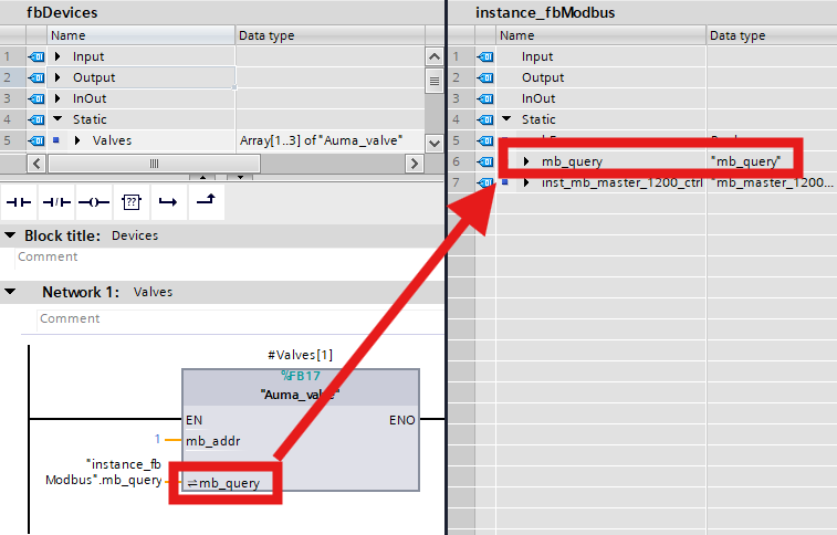 Image illustrates the mapping of a Static variable from a Function Block instance to an input parameter of another Function Block in a Siemens TIA Portal environment.