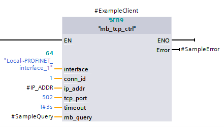 The block shown is a Function Block (FB9) named "mb_tcp_ctrl", which is designed to manage Modbus TCP client communications within a Siemens TIA Portal environment.