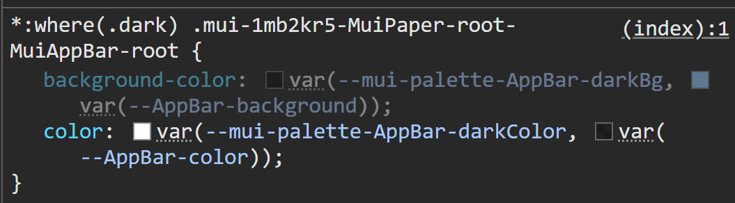 Image displays CSS code using the Material UI (mui) framework to style an app bar component when the application is in dark mode.