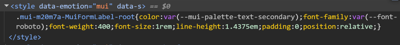 Image displaying a CSS style block generated by the Material-UI (MUI) library, specifically targeting a form label component.