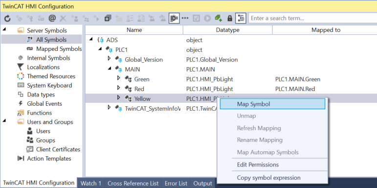 Screenshot showing the TwinCAT HMI Configuration window in Beckhoff TwinCAT 3 engineering software.