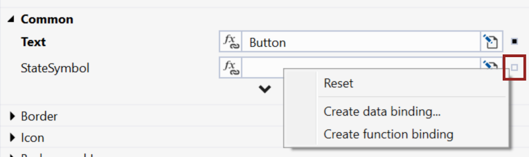 Image of a property configuration menu within the Beckhoff TwinCAT 3 HMI engineering environment, specifically allowing users to bind properties to data or functions