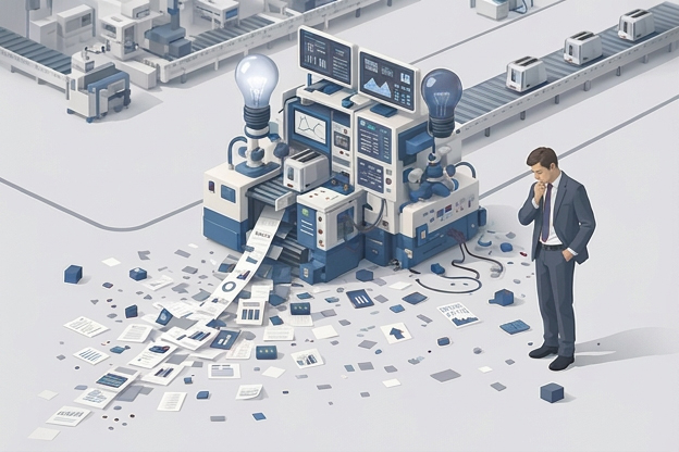Rendering of a man looking at reports and papers coming out of a piece of manufacturing test equipment and scattering on the floor.