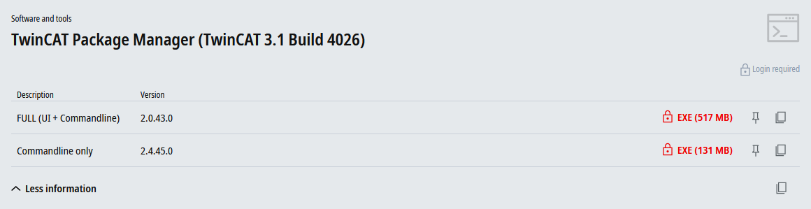 Screen displaying the TwinCAT Package Manager for version 3.1 Build 4026