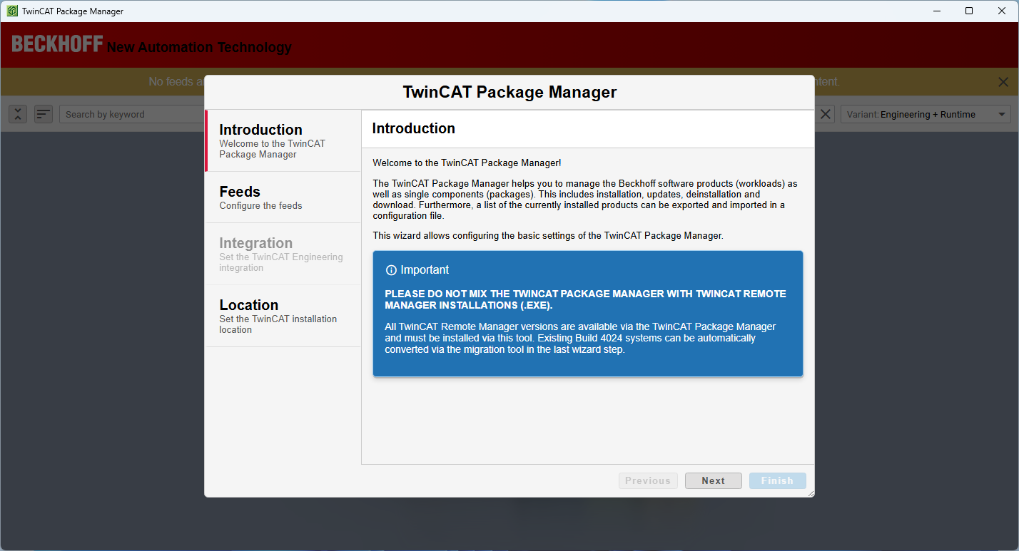 Window displaying the TwinCAT Package Manager setup wizard, used to install, update, and manage Beckhoff software components.