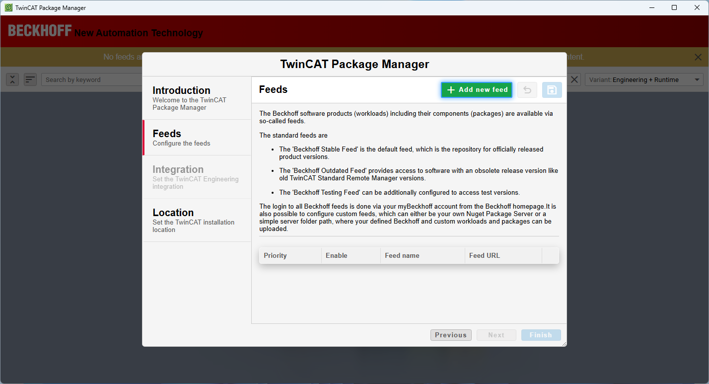 Image showing the TwinCAT Package Manager setup wizard, a tool used to manage software packages for Beckhoff automation systems.