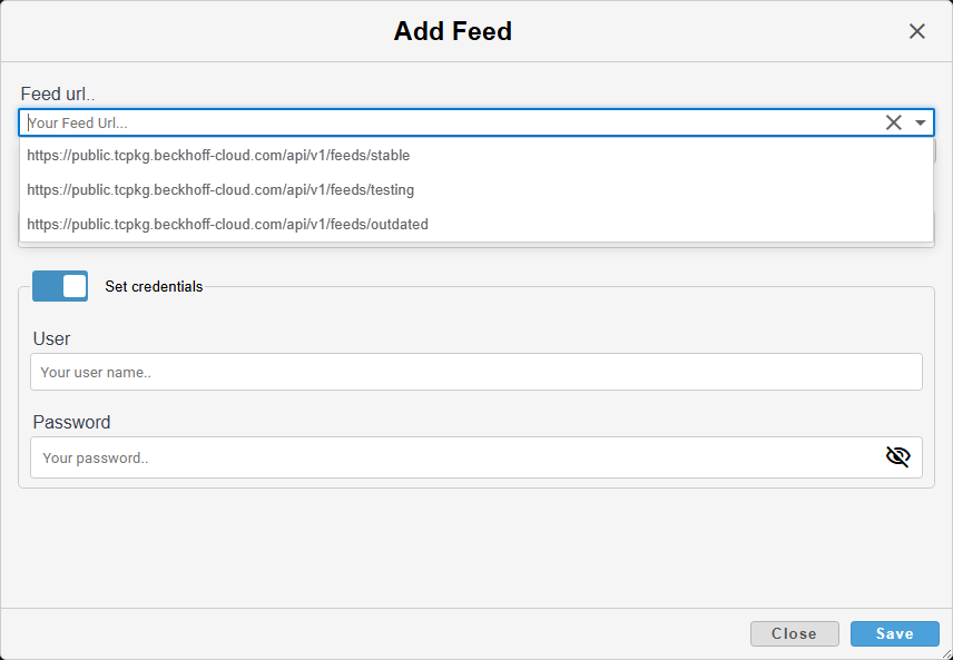 Beckhoff TwinCAT Package Manager dialog window used to add new software feeds for installation.