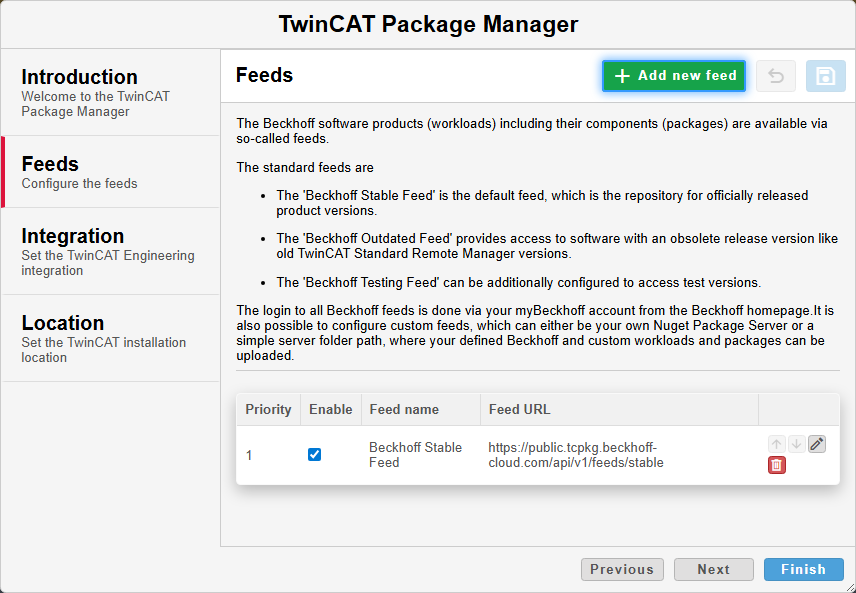 TwinCAT Package Manager interface used for configuring software feeds.