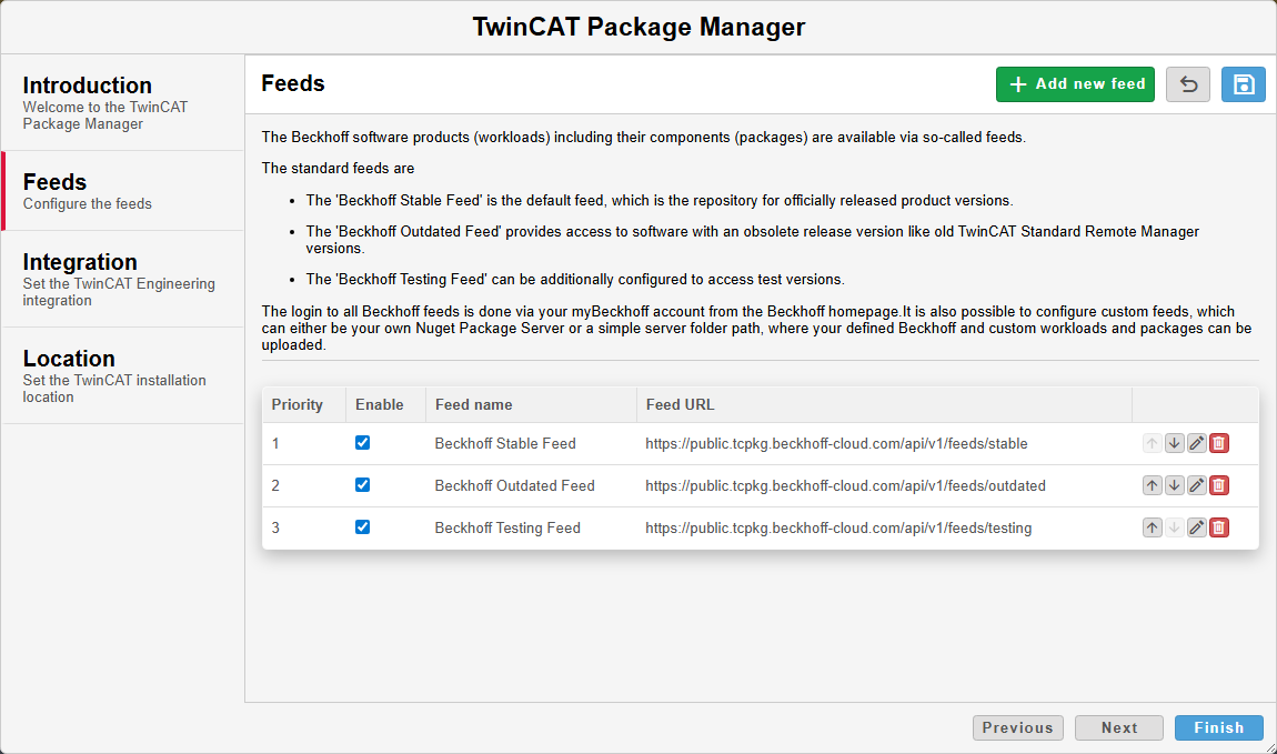 TwinCAT Package Manager interface used to configure software repositories for Beckhoff products.