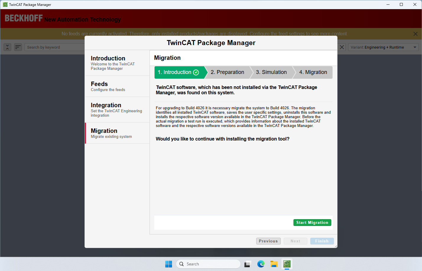 TwinCAT Package Manager is prompting you to migrate your current TwinCAT installation to Build 4026.