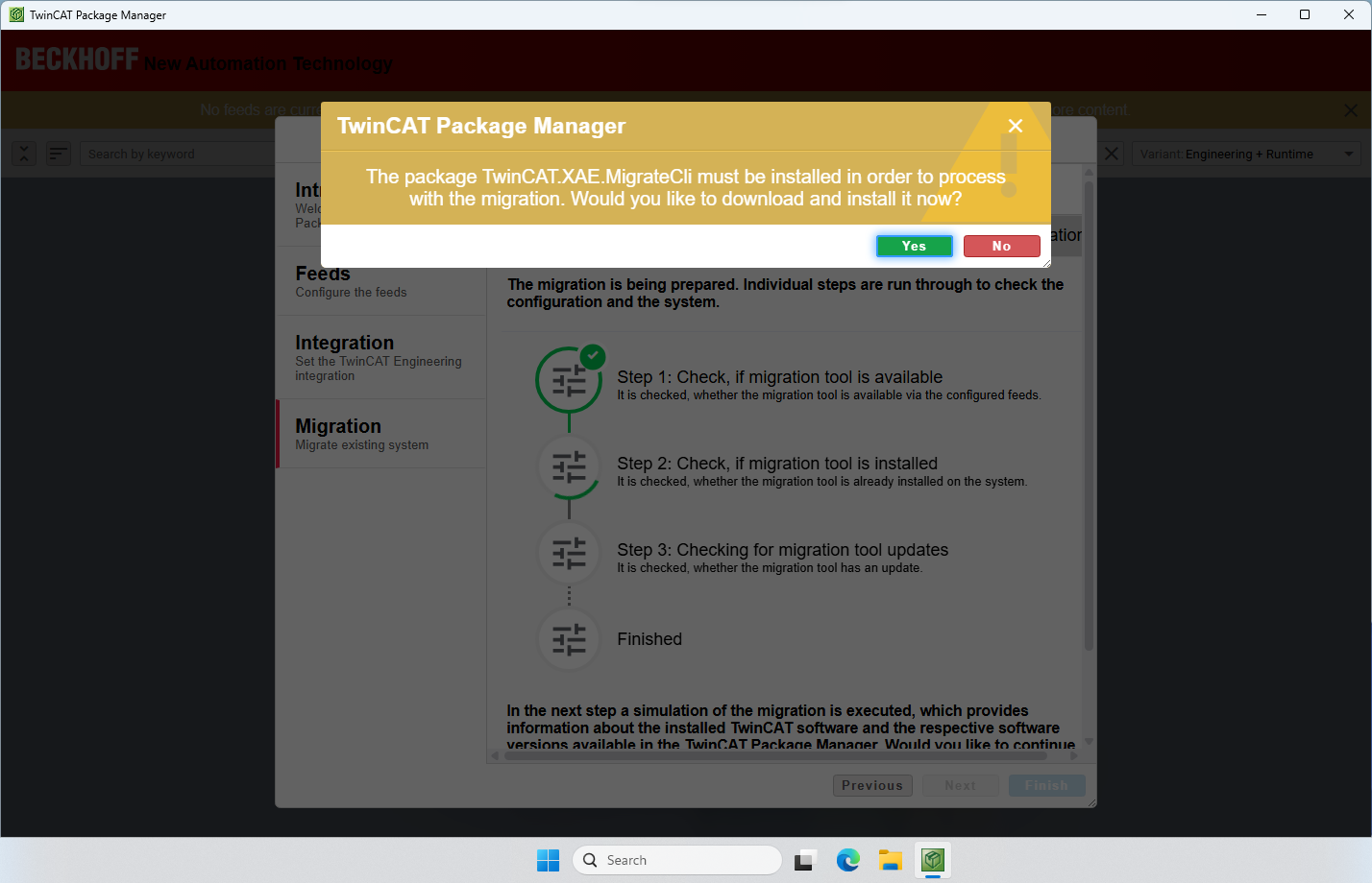 Screenshot of a prompt from the TwinCAT Package Manager asking to install the TwinCAT.XAE.MigrateCli package.