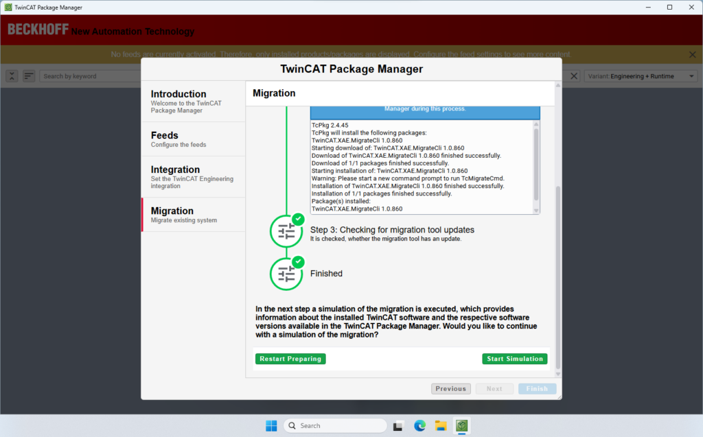 Screenshot of TwinCAT Package Manager by Beckhoff Automation, currently displaying the Migration tab.