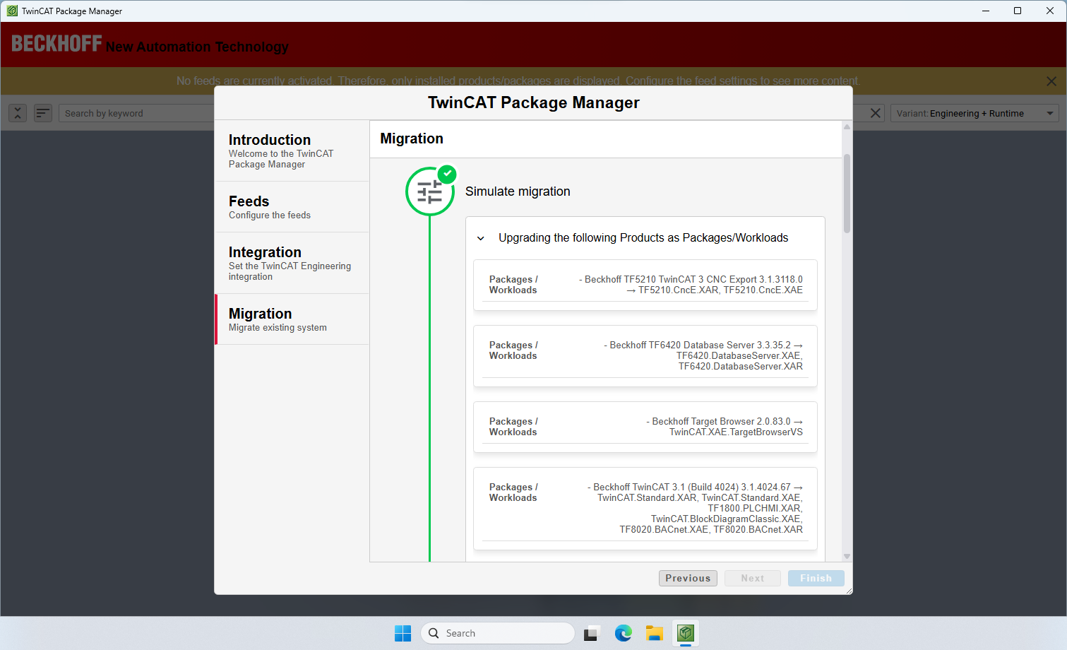 Screen displaying the TwinCAT Package Manager migration tool from Beckhoff, which lists specific software workloads to be upgraded.