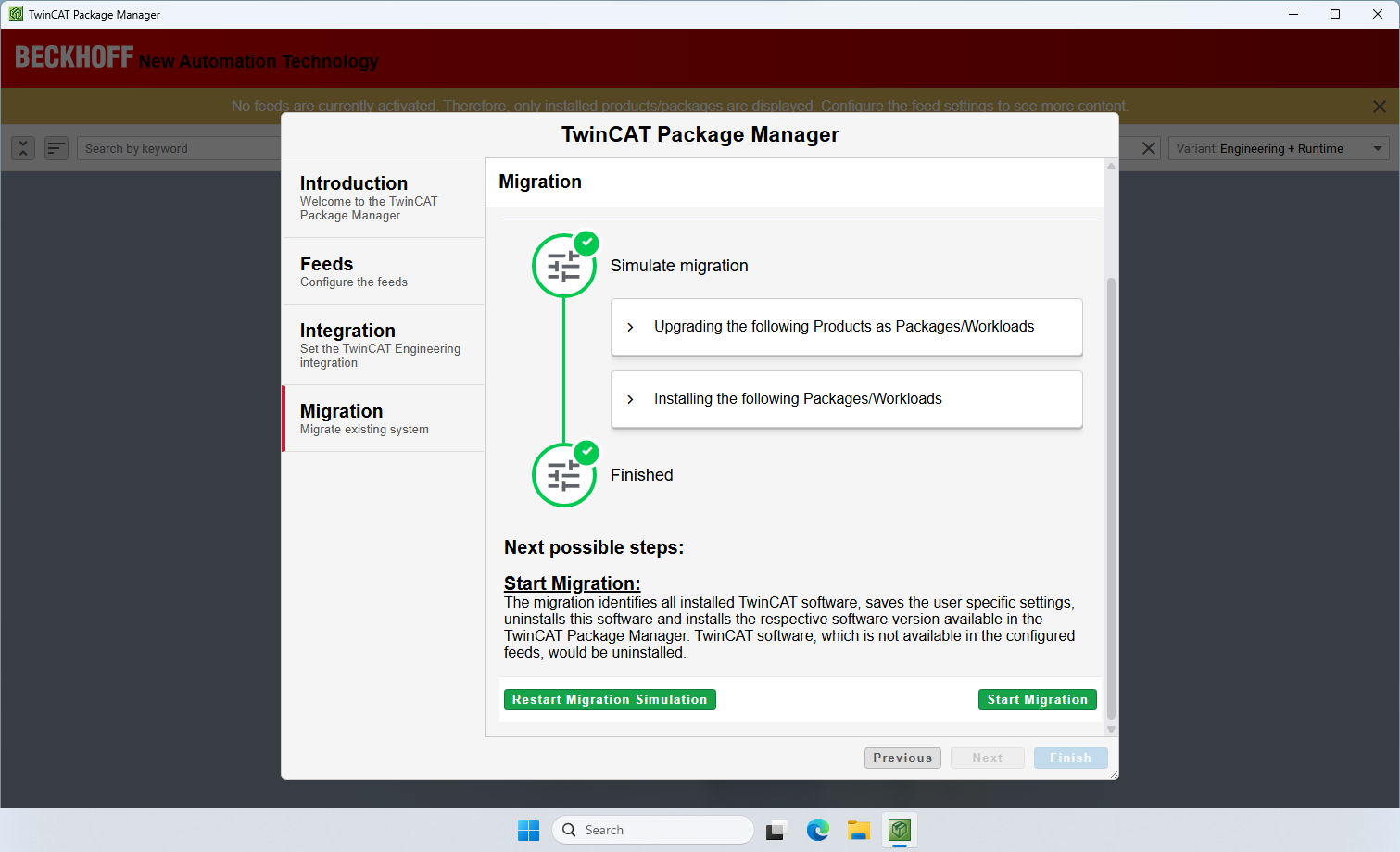 Screenshot of Beckhoff TwinCAT Package Manager software, specifically the migration screen for upgrading existing automation systems.
