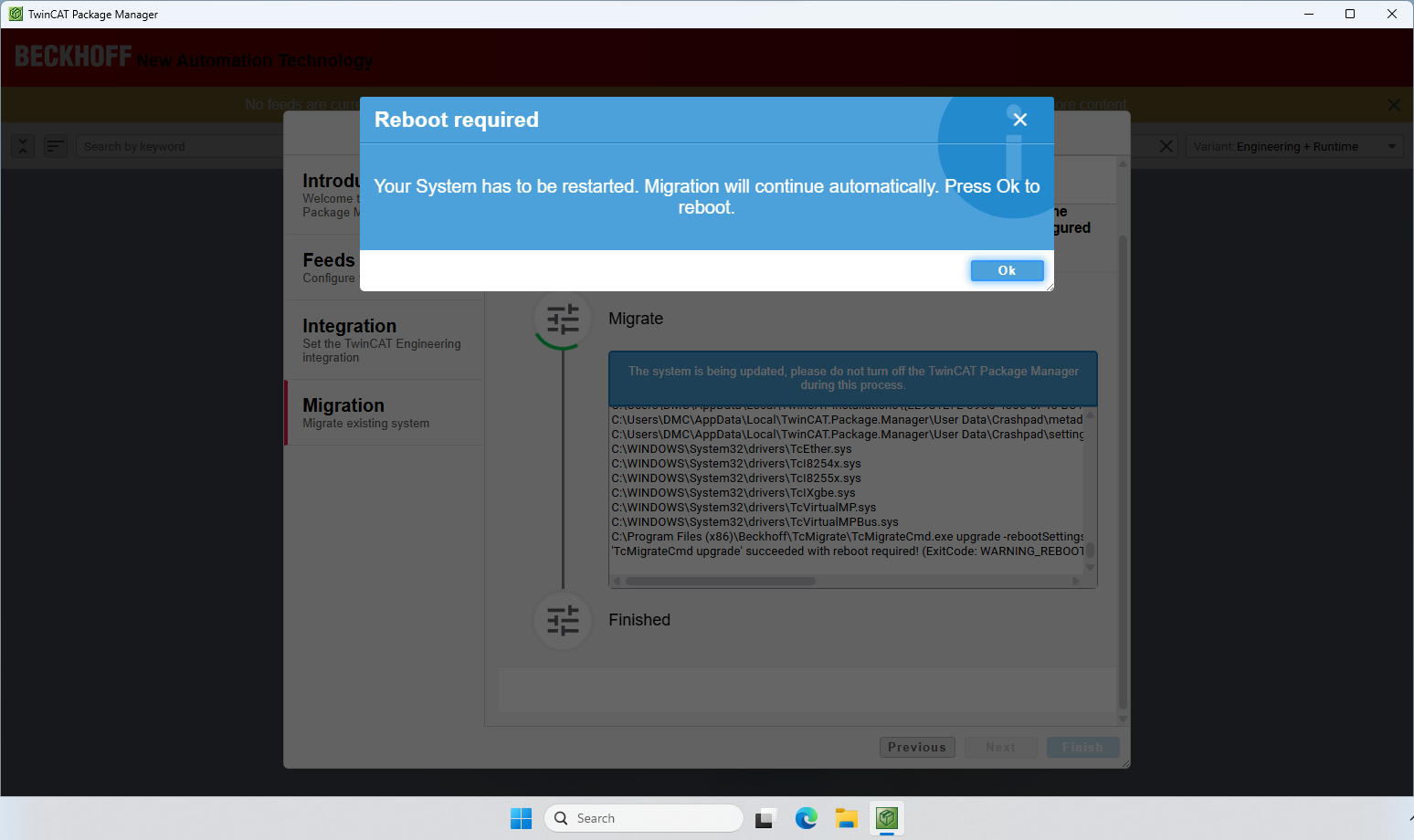 Image showing a "Reboot required" dialog box from the Beckhoff TwinCAT Package Manager.