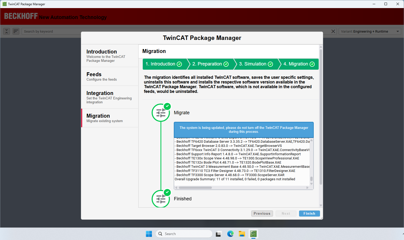 Screen displaying the Beckhoff TwinCAT Package Manager migrating a system by uninstalling old setups and installing new workloads.