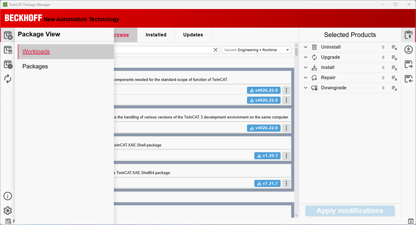 Image of a screen showing the TwinCAT Package Manager interface for managing software packages and workloads.