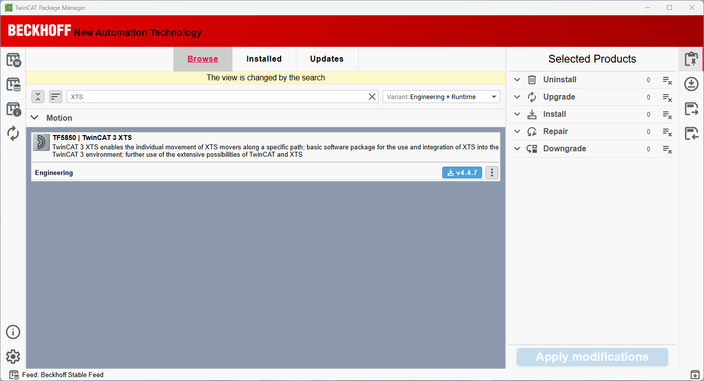 Image shows the Beckhoff TwinCAT Package Manager, which is used for installing, updating, and managing modular TwinCAT 3 software packages.