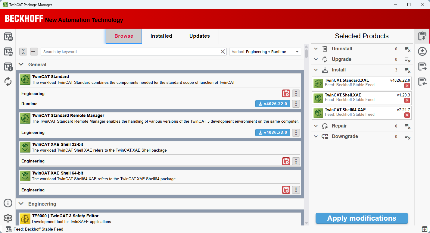Screenshot of TwinCAT Package Manager.