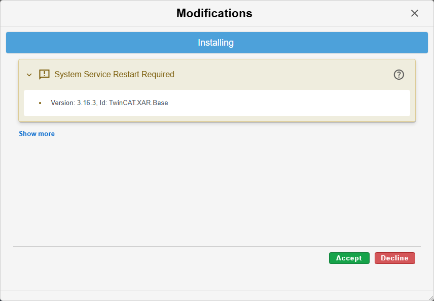 Image showing an installation wizard for TwinCAT 3.1, indicating a required update for version 3.16.3 of the TwinCAT.XAR.Base component.