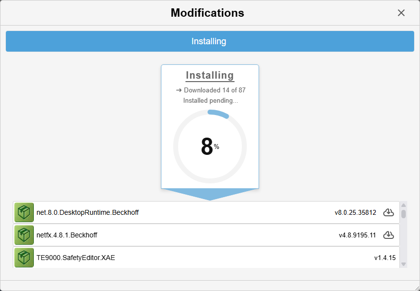 Image showing a Beckhoff TwinCAT installer interface managing multiple software packages.