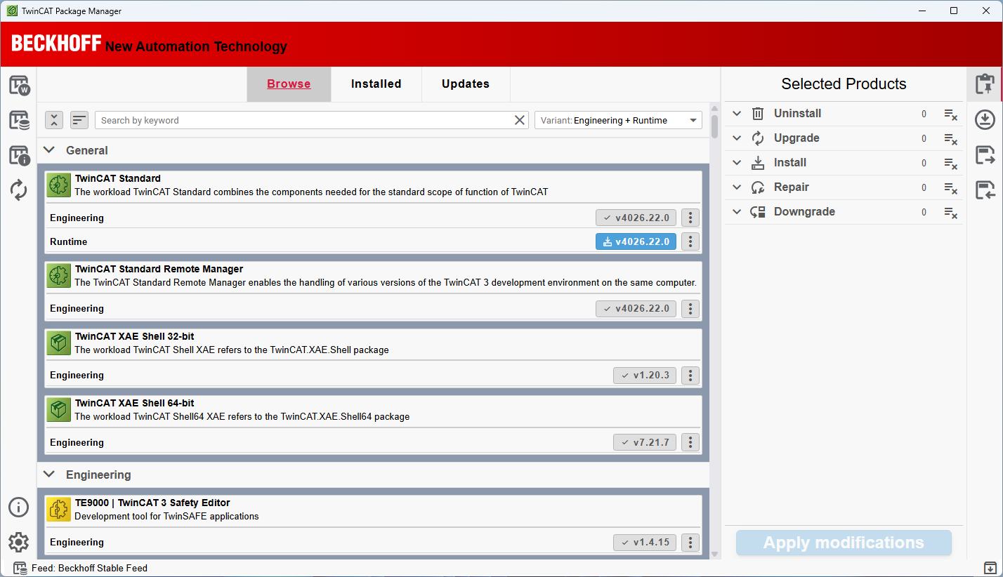 Screenshot of TwinCAT Package Manager.