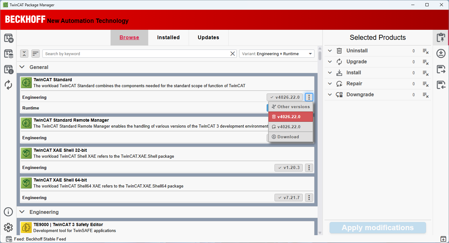 Screenshot of a menu in TwinCAT Package manager allowing users to browse, install, and update different workloads and packages, such as the TwinCAT Standard engineering and runtime environments