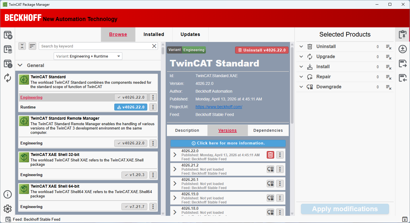 Screenshot of TwinCAT Package Manager with TwinCAT Standard selected.