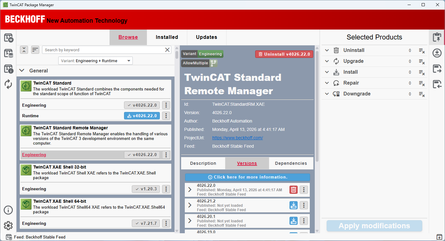 Screenshot of TwinCAT Package Manager with TwinCAT Standard Remote Manager selected.