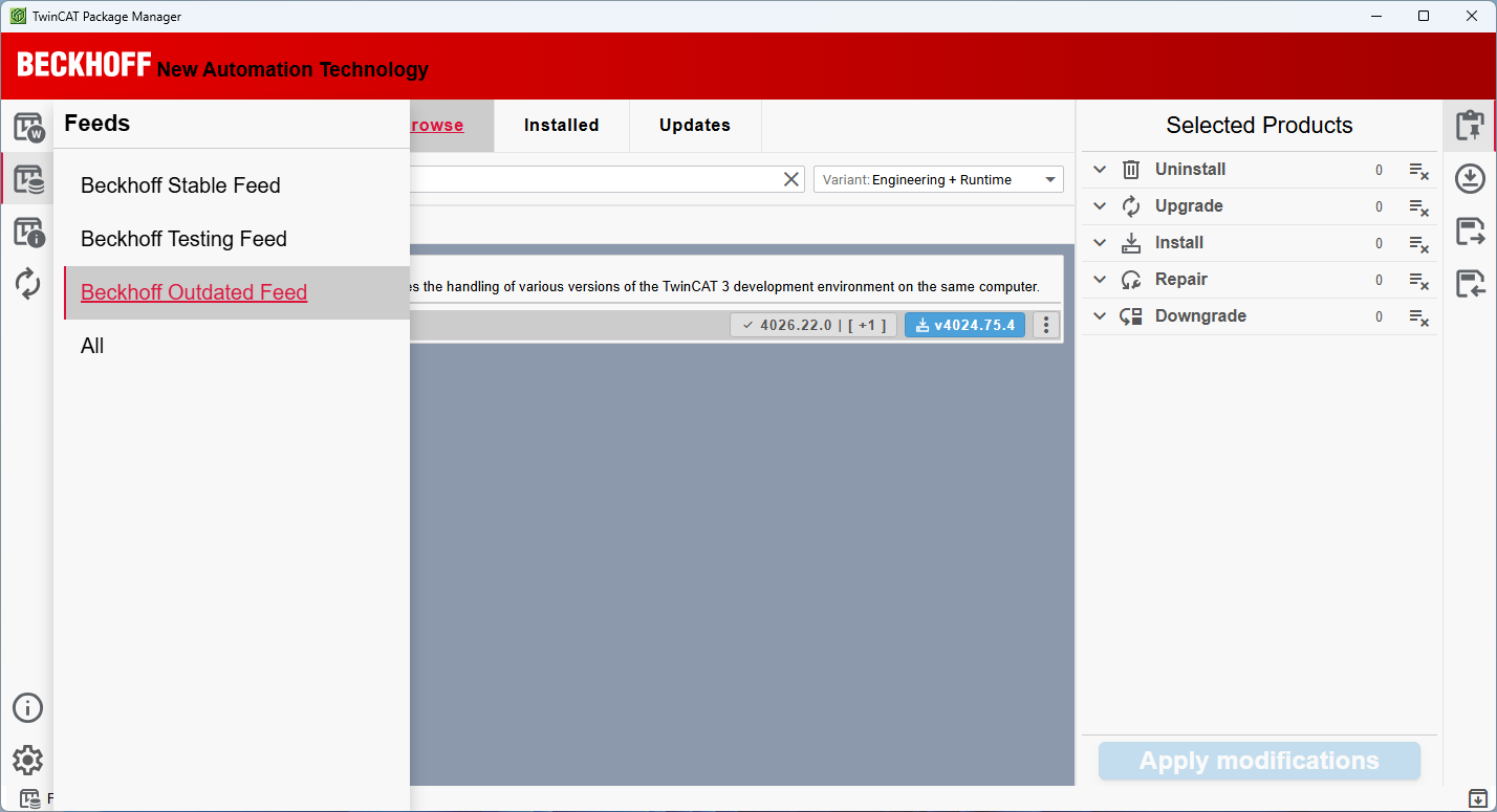 Screenshot of an interface allowing users to select from different feeds, including Stable, Testing, and Outdated feeds, to install, upgrade, or downgrade products.