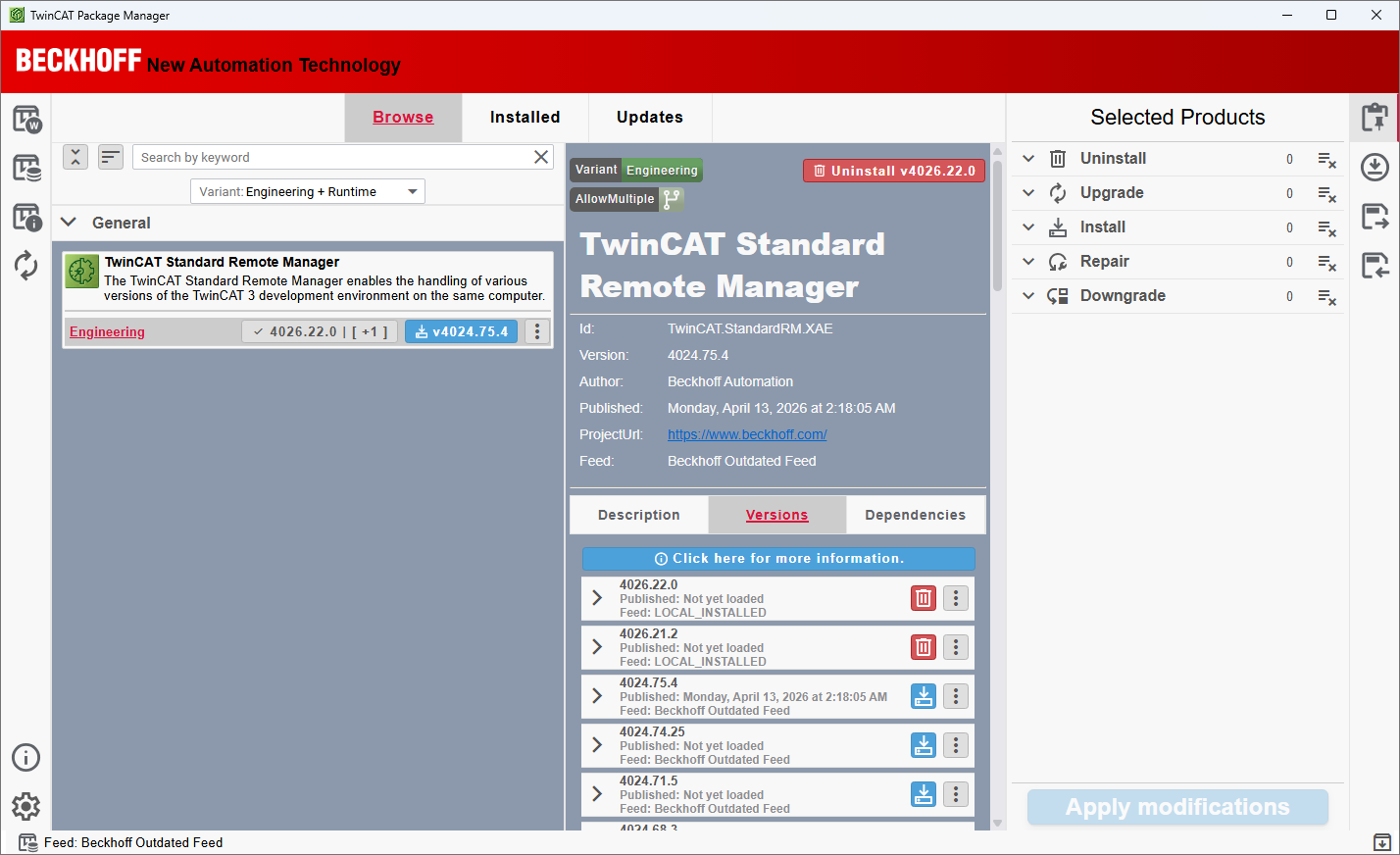 Screenshot of an interface showing TwinCAT Standard Remote Manager with multiple versions available for installation, upgrading, or downgrading.