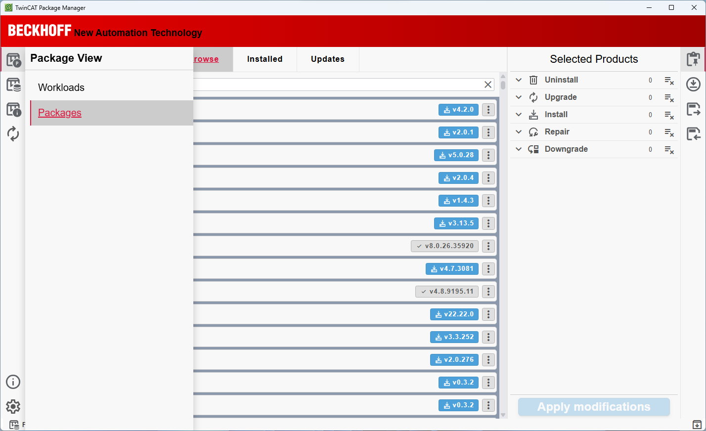 Screenshot showing a list of various Packages with different version numbers (e.g., v4.2.0, v22.22.0) available for installation or update.