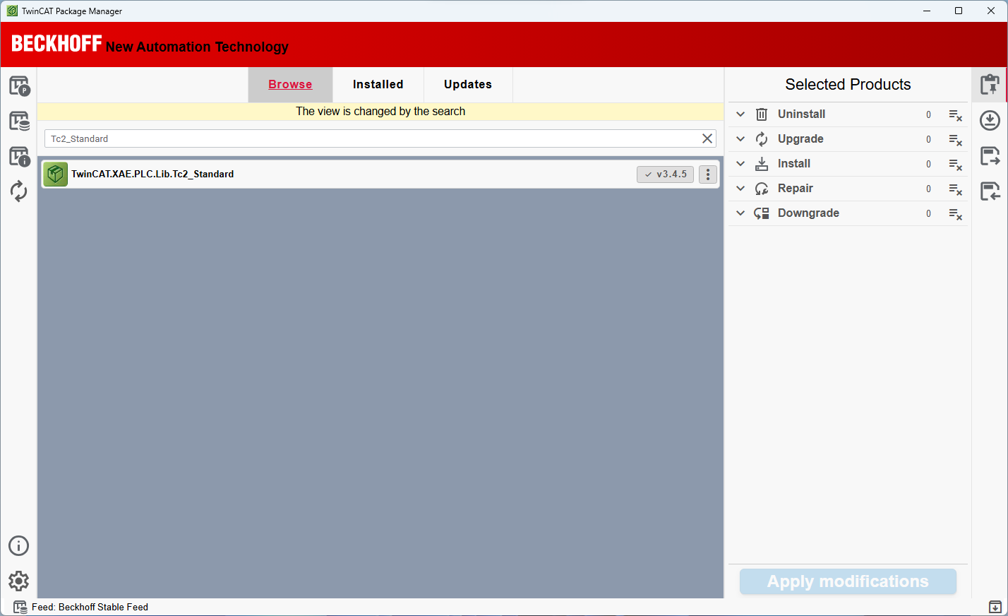 Screenshot of TwinCAT Package Manager interface showing "Selected Products" panel on the right displaying actions like Install, Upgrade, or Remove for the packages chosen from the main list.
