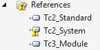 Screenshot of a file tree in TwinCAT Package Manager with yellow alert symbols next to folder items.
