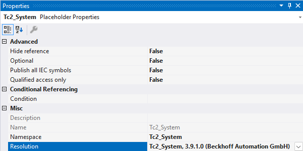 Image displaying the Properties window for a Beckhoff Automation GmbH library, identified as Tc2_System and a resolution version of 3.9.1.0.