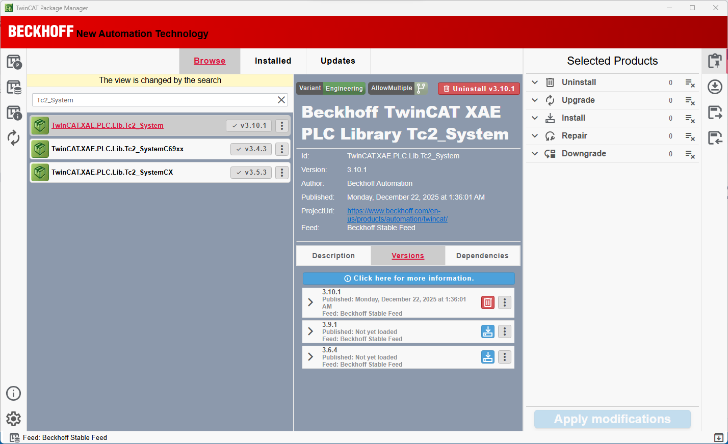 TwinCAT 3 interface displaying multiple versions.