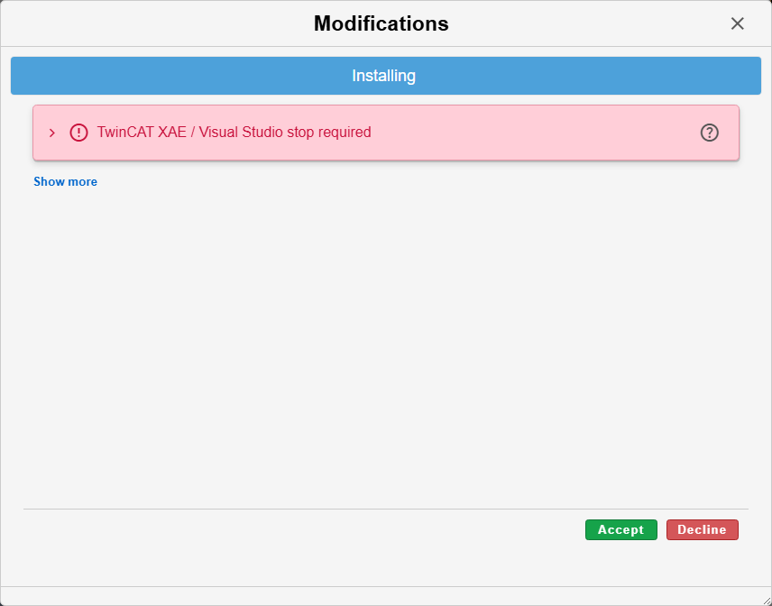 Screenshot of an installer window indicating that the TwinCAT XAE / Visual Studio application must be stopped before the installation can continue.