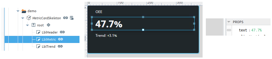 Screenshot of a panel outlining a MetricCardSkeleton element with child elements including a header, metric value (LblMetric), and a trend indicator.