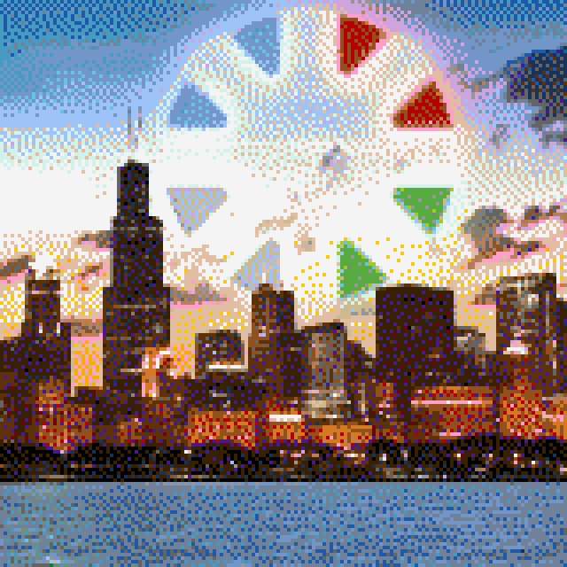 LEGO mosaic concept of the Chicago skyline at sunset.