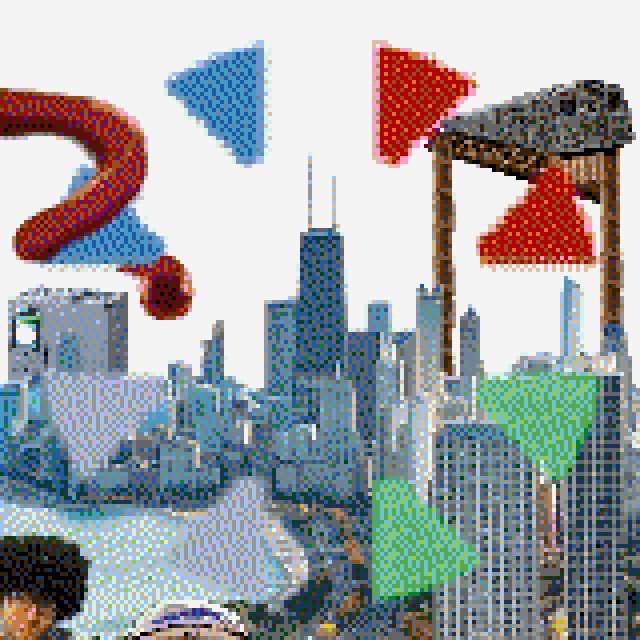 Digital concept of a LEGO mosaic of the Chicago skyline and the DMC logo.