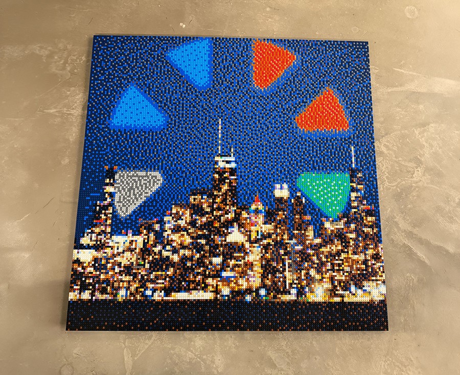 Image of a the finished Chicago LEGO mosaic.