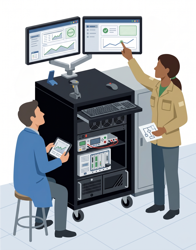 Graphic showing two people reviewing a data output from testing hardware.