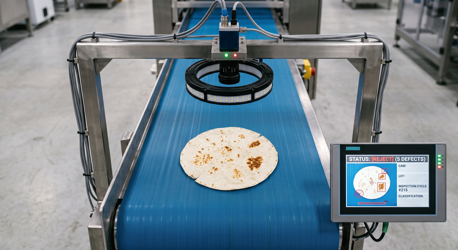 Generated image of a conveyor belt with a robotic sensor and an HMI screen showing defects on a tortilla on the conveyor belt.