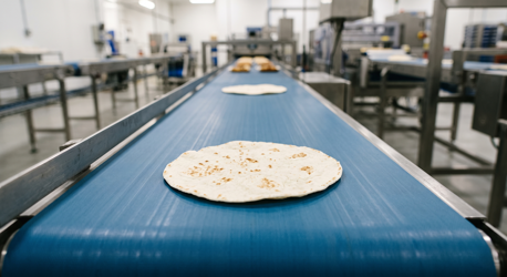 Generated image of a blue conveyor belt with with tortillas.