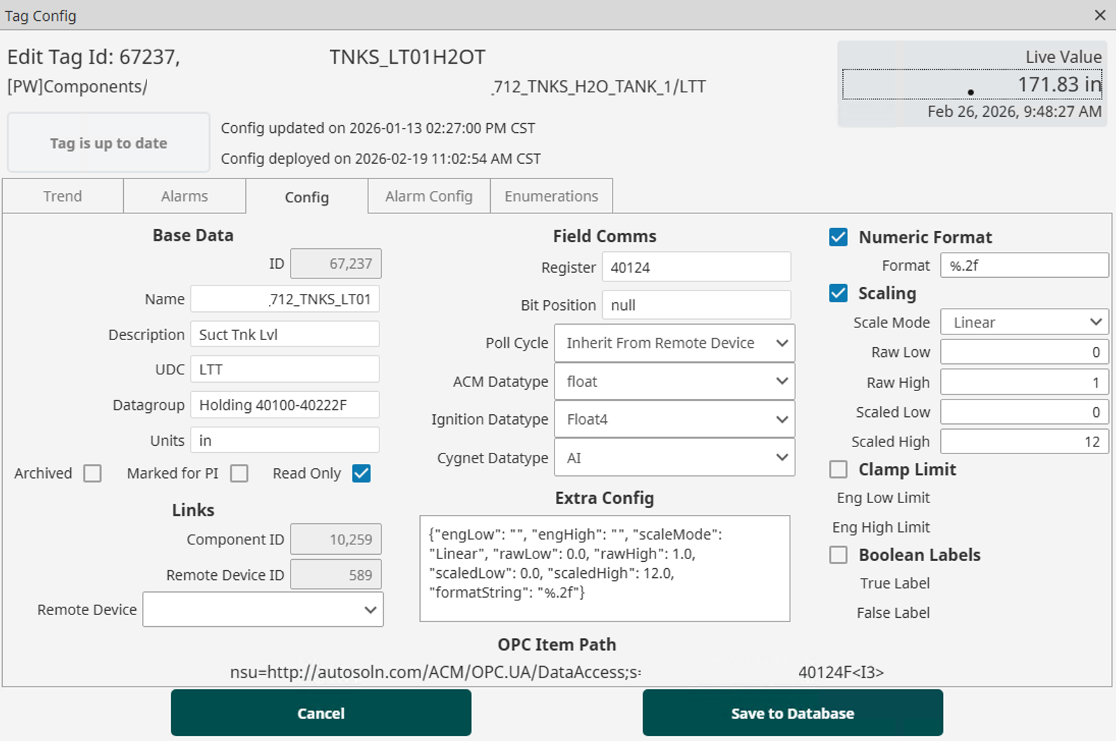 Screenshot of Cygnet SCADA system, specifically for managing a tag named 712_TNKS_LTO1, which is currently displaying a live value of 171.83 inches.