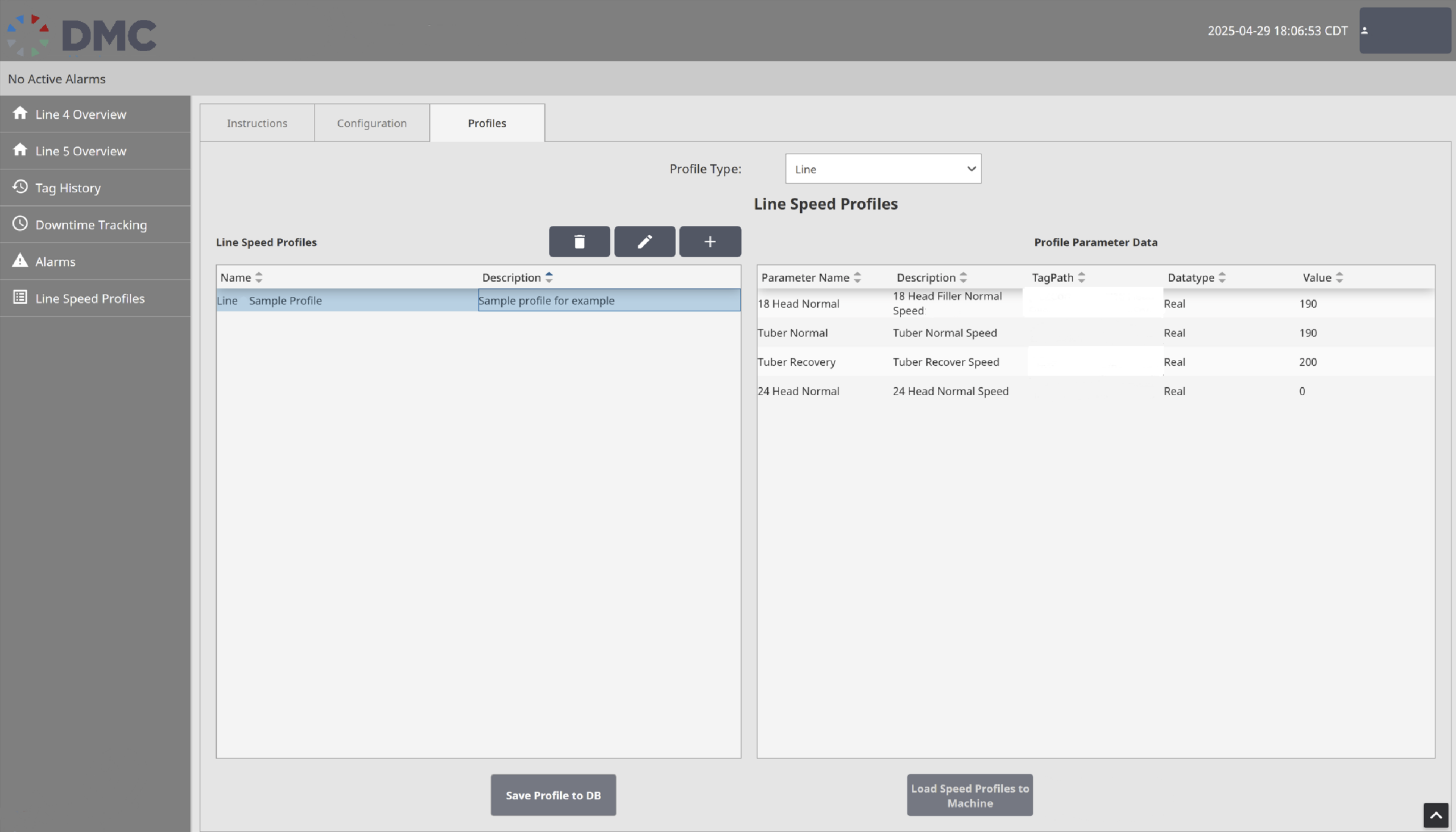 Line Speed Profiles configuration screen used to manage production line settings, including speed parameters and profile deployment options.
