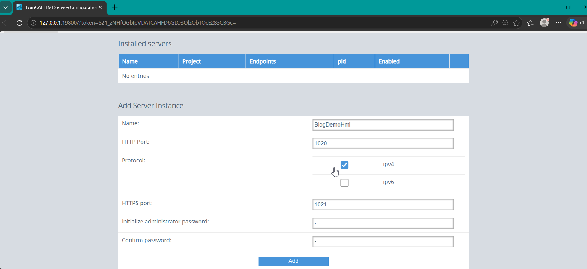 Beckhoff HMI configuration Add Server Instance